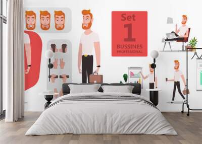 Business Man creation stylized character set or DIY kit for animation. Collection of flat cartoon character body parts, face expressions, trendy hipster clothes. Front side, 3/4 view. Isolated  vector Wall mural