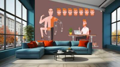 young cartoon businessman making presentation explaining charts. a young man employee of the company Wall mural