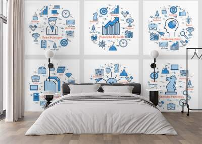 Six business square banners - Growth, Idea, Manager, Strategy, Documentation Wall mural