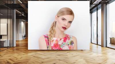 Beauty portrait of young beautiful cheerful young fresh looking woman with bright trendy make up blond healthy hair braid hairstyle. Wall mural