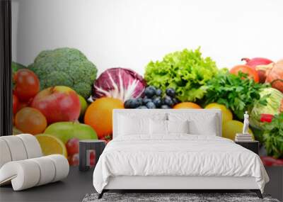 Fruits and vegetables isolated on white. Wide panoramic photo for title. Wall mural