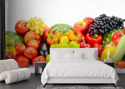 Wide photo multi-colored fresh fruits and vegetables isolated on white Wall mural