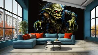 A green goblin with hooked fingers, an evil and goofy expression, crooked teeth, and red eyes. Fantasy creature. Generative AI. Wall mural