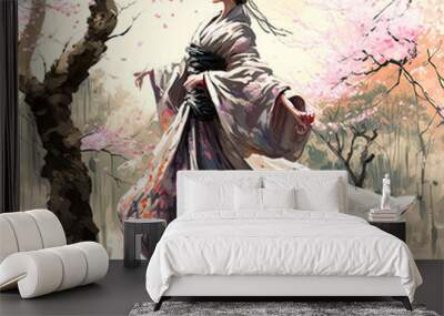 Asian girl in traditional kimono in a blooming sakura garden. Young pretty geisha in colorful kimono, Generative AI illustration. Wall mural