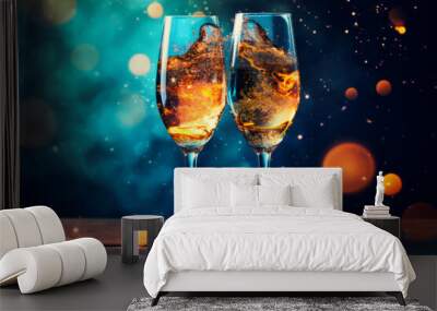 Champagne glass on wooden table and Christmas illumination on background.  illustration of celebrating Christmas and New Year Wall mural