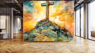 Christian cross on top of the hill, colorful painting. Christianity symbol on a top of hill at the sunrise. Religion background. Christian religion concept for post cards and posters, Generative AI. Wall mural