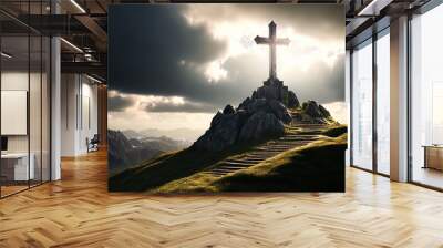 Christian cross on top of the hill in sun rays. Christian symbol - cross in a sun rays. Religion bacgkround. Christian religion concept for post cards, posters or backgrounds, Generative AI. Wall mural