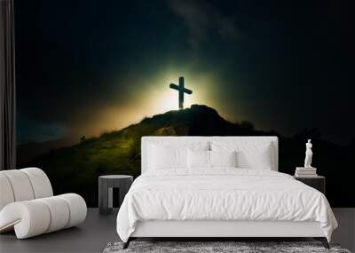 Christian cross on top of the hill with illumination. Christian symbol - cross illuminated in a darkness. Religion background. Christian religion concept for post cards and posters, Generative AI. Wall mural