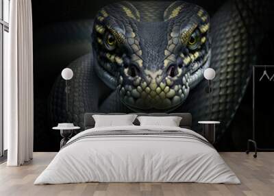 Deadly black snake looking into the camera. Exotic snake look at you. Snake eyes. Reptile predator. Agressive snake face close up. Wall mural