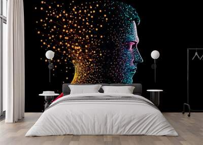 Digital human. New era human concept. Cyber male portrait. Male face made from colorful dots, planes, meshes and lines, Generative AI. AI personalisation concept. Wall mural