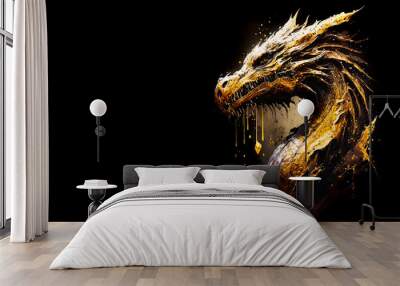 Gold dragon head on a black background. Generative AI Illistration of ancient golden metal dragon on black background. Dragons background. Place for text. Wall mural