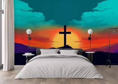 Jesus cross symbol on colorful clouds background. Generative AI colorful clouds background with Christian cross in the middle. Christian religion Cross on spiritual background. Wall mural