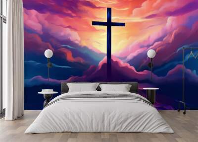 Jesus cross symbol on colorful clouds background. Generative AI colorful clouds background with Christian cross in the middle. Christian religion Cross on spiritual background. Wall mural