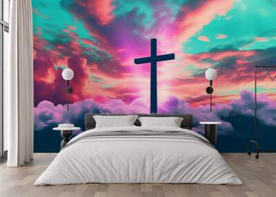 Jesus cross symbol on colorful clouds background. Generative AI colorful clouds background with Christian cross in the middle. Christian religion Cross on spiritual background. Wall mural