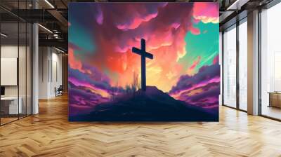 Jesus cross symbol on colorful clouds background. Generative AI colorful clouds background with Christian cross in the middle. Christian religion Cross on spiritual background. Wall mural