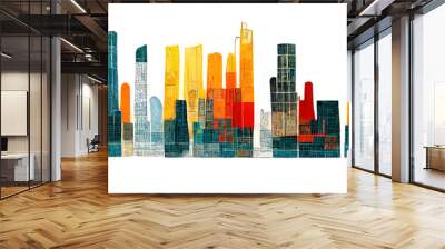 Panoramic view of high colorfull building skyscrapers in modern city. Modern city plan draft. City plan background. Digital illustration of city plan. Wall mural