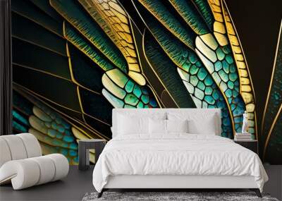 Rainbow color dragonfly wings background. Dragonfly wing close up. Dragonfly wing close up texture. Wall mural