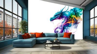 Rainbow dragon head in a smoke on a white background. Generative AI Illistration of ancient dragon on white background. Dragons background. Place for text. Wall mural