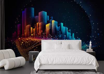 Smart city concept. Telecomunication, internet, mobile, cloud computing background. Digital city background. Online city concept. Cyber town on black background. Generative AI cyber city illustration. Wall mural