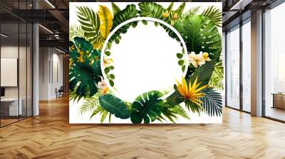 Tropical frame background. Creative layout made of tropical leaves with circle frame on white background, Generative AI. Flat lay. Nature concept. Wall mural