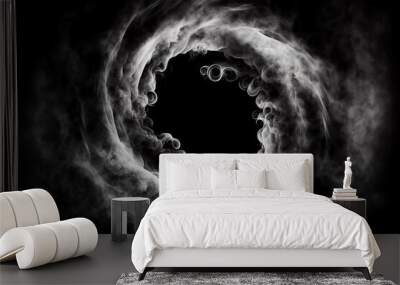 White smoke whirlpool with empty circle frame inside on black background, Generative AI. White smoke circle. Magic smoke or mist ring frame. Blank space frame in white smoke clouds. Wall mural