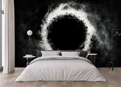 White smoke whirlpool with empty circle frame inside on black background, Generative AI. White smoke circle. Magic smoke or mist ring frame. Blank space frame in white smoke clouds. Wall mural