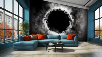 White smoke whirlpool with empty circle frame inside on black background, Generative AI. White smoke circle. Magic smoke or mist ring frame. Blank space frame in white smoke clouds. Wall mural