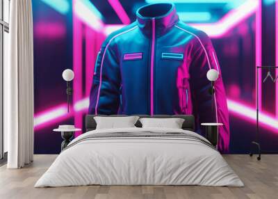 A black futuristic jacket with neon pink and blue glowing lights is displayed in a sci-fi corridor, showcasing modern fashion technology. Wall mural