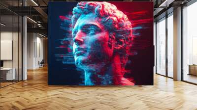 A classical bust infused with glitchy red digital lines, blending tradition and modern digital aesthetics in unique style. Wall mural