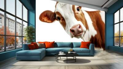 A close-up of a curious cow peeking out with its head turned slightly, set against a stark transparent background, capturing the animal's inquisitive expression. Wall mural