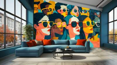 A colorful artwork showing a crowd of individuals, each wearing sunglasses, reflecting contemporary style and vibrant energy in a dynamic illustration. Wall mural