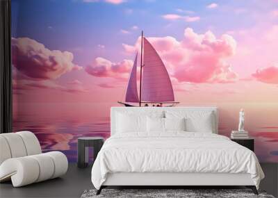 A sailboat in the ocean with beautiful water and sky and clouds. The concept of freedom and peace. Wall mural