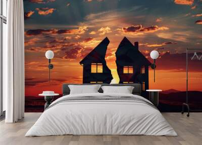 a surreal image of two halves of a house against a sunset, symbolizing division or separation Wall mural