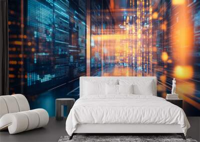 A vibrant digital image showcasing a data stream and technological elements in a virtual space, symbolizing digital transformation and progress. Wall mural