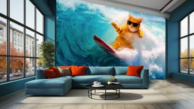 Adventurous Orange Tabby Cat in Sunglasses Riding a Surfboard on a Wave Wall mural