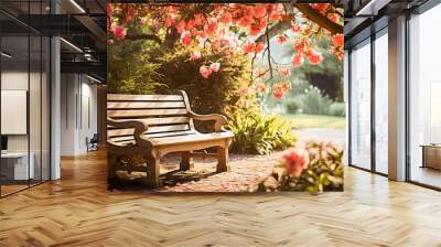 Beautiful bench near the house in a luxurious garden with cushions for sitting, rest and relaxation Wall mural