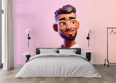 Cartoon playful avatar of a black man with a beard and glasses on a pastel background Wall mural