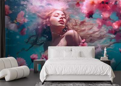 Girl under water and cherry blossoms. The concept of psychedelia and harmony. Generated ai Wall mural