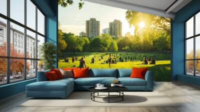 People enjoy a sunny day in a city park, relaxing on the grass surrounded by greenery and city buildings, depicting leisure in an urban setting. Wall mural