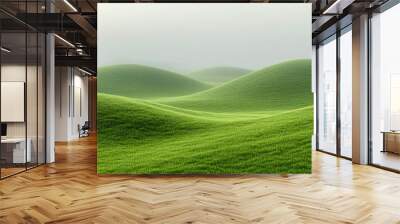 Simple and serene rolling green hills under a foggy sky, showcasing the beauty of minimalistic landscape with tranquility and calmness. Wall mural