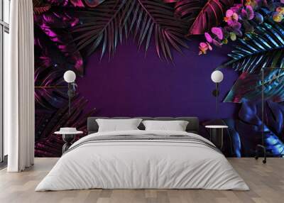 Surreal moody frame with vivid tropical plants. Modern and trendy retro concept. Wall mural