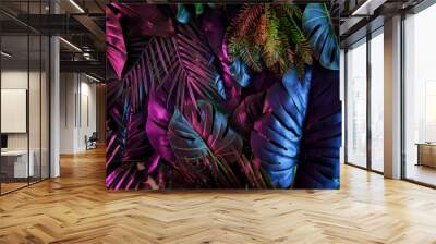 Tropical dark trend jungle in neon illuminated lighting. Exotic palms and plants in retro style. Wall mural