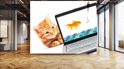 Goldfish, cat, laptop Wall mural