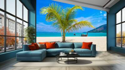 Single palm tree on beach Wall mural