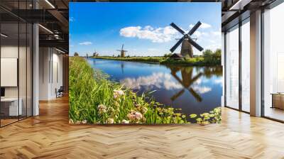 Windmills and canal in Kinderdijk Wall mural