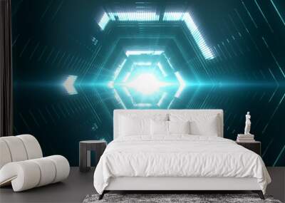 Futuristic portal background with bright particles and vibrant light in the center. Abstract data tunnel in hexagonal shape for technology concept. Wall mural