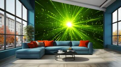 Green abstract background with beams of light come from center. Green magic shine with particles. Wall mural