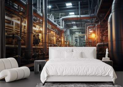 Inside an oil refinery. Pipes, oil, installations for oil. Factory. Energy. Oil. AI generation Wall mural