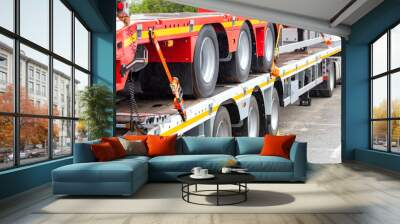 Long cargo vehicle platform, load securing and load holding with a belt. Wall mural