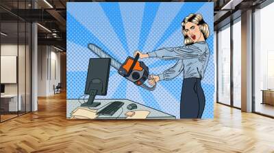 Angry Business Woman Crashes her Computer with Chainsaw. Pop Art. Vector illustration Wall mural